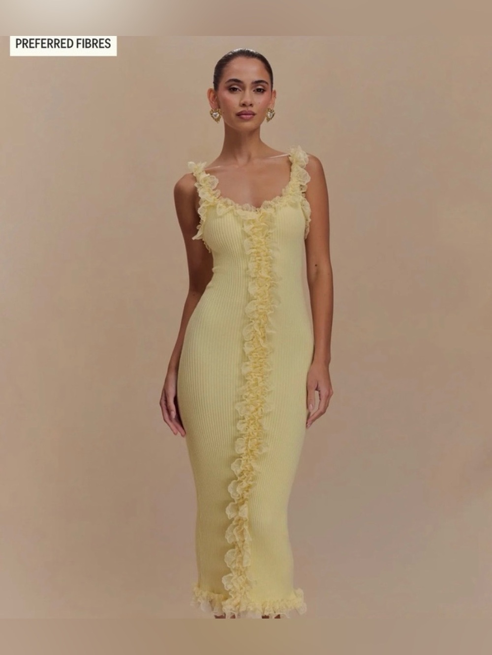 Meshki Yellow Ruffle-Trim Knit Midi Dress